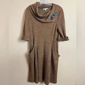 Robbie Bee Brown Midi Knit Cowlneck Buckle Pocket Dress Size Medium